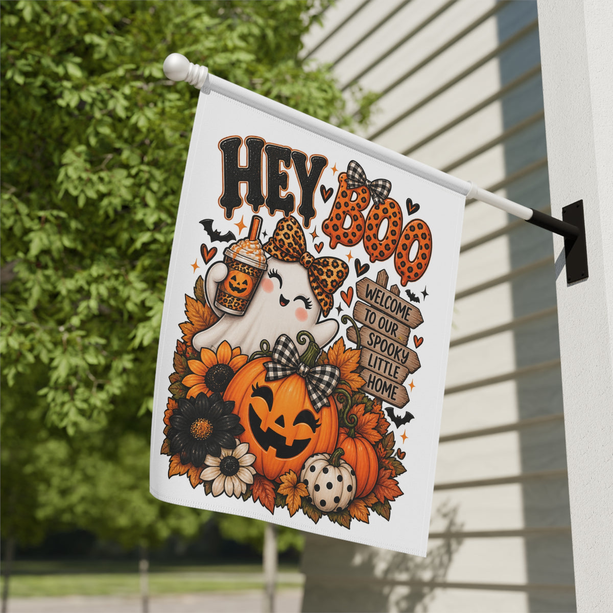 Halloween Garden Flag — “Hey Boo” Pumpkin & Ghost Welcome Banner