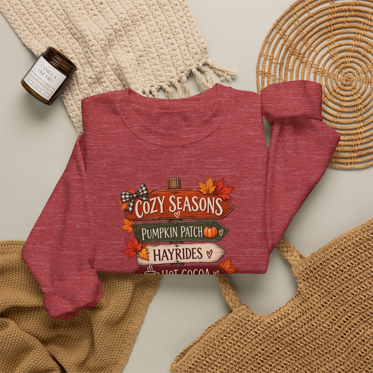 Cozy Seasons Fall Sweatshirt — Pumpkin Patch, Hayrides & Hot Cocoa Crewneck