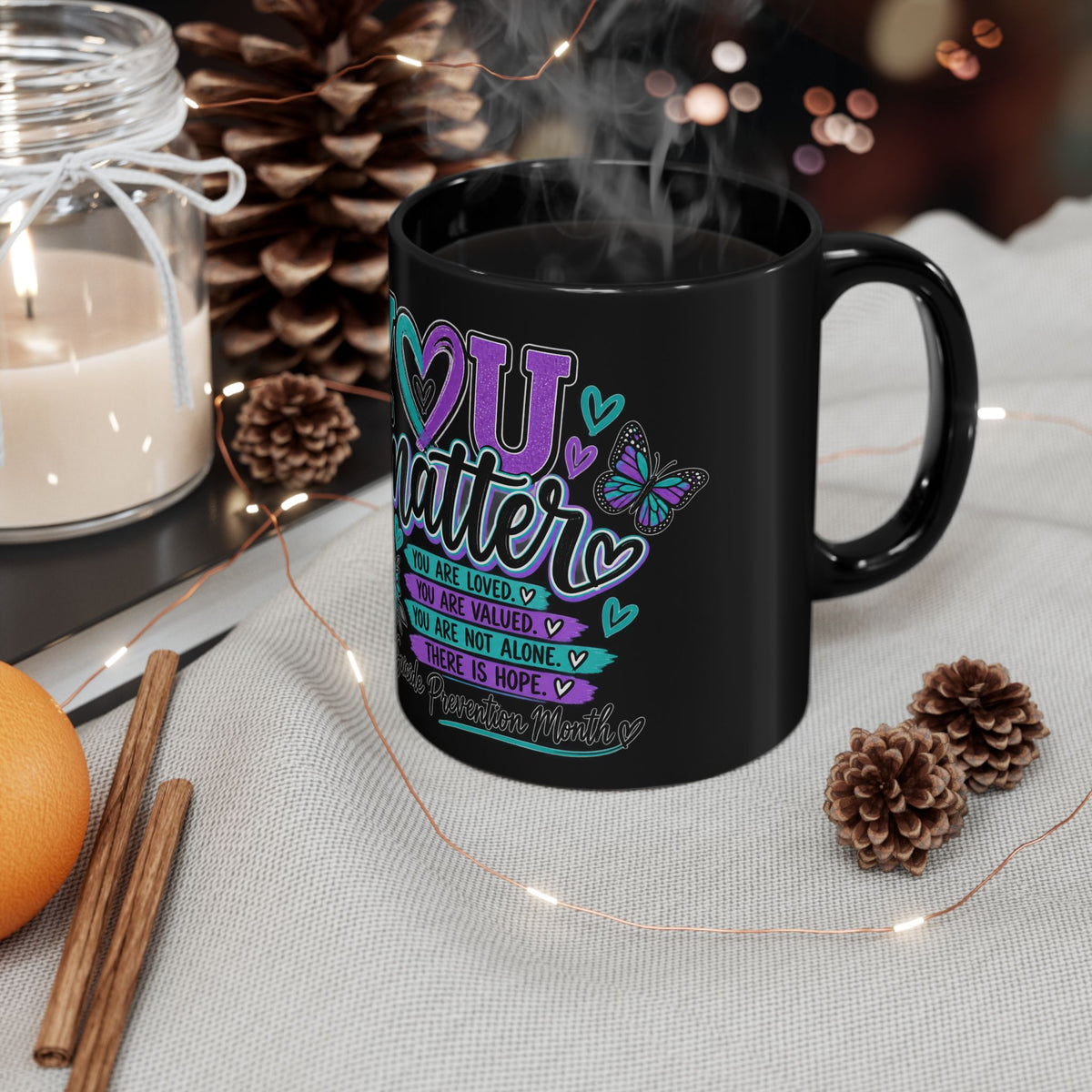 You Matter Awareness Mug — Suicide Prevention Ribbon Coffee Cup (Black, 11oz/15oz)
