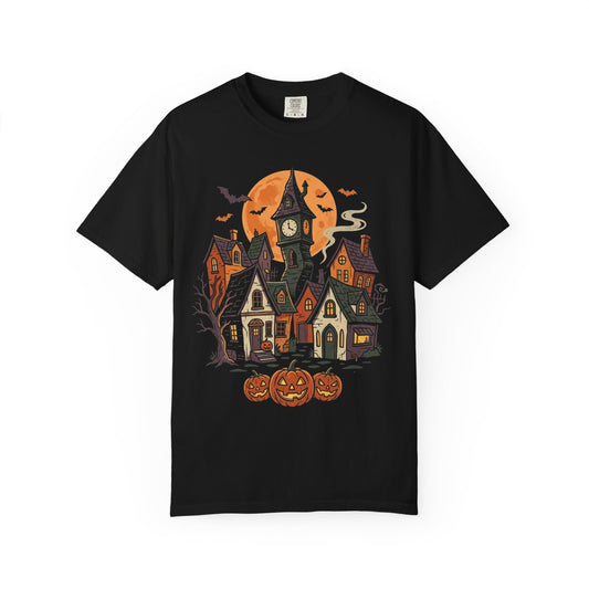 Spooky Halloween Village T-Shirt — Haunted Houses, Pumpkins & Moon Graphic