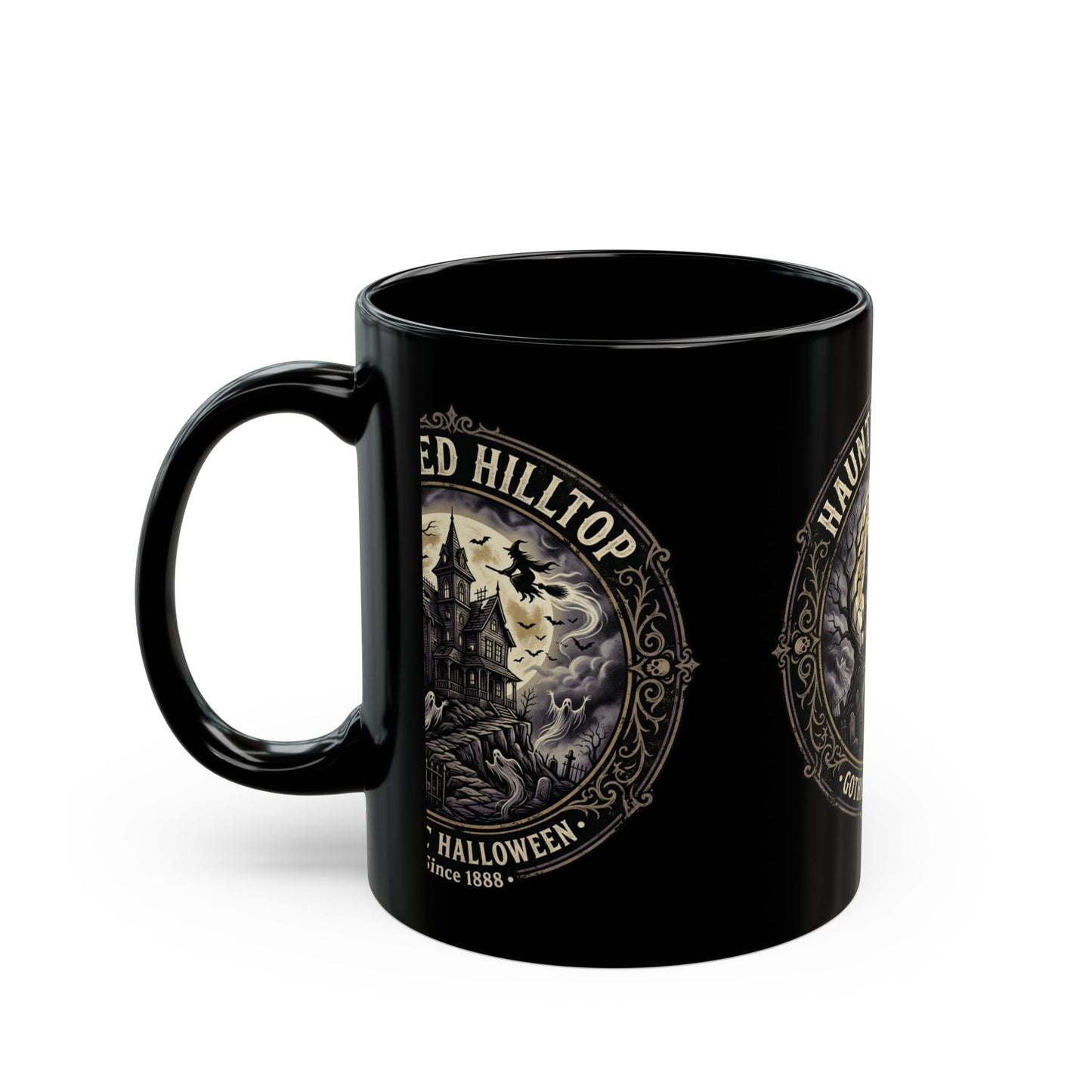 Haunted Hilltop Gothic Halloween Mug — Spooky Haunted House Coffee Cup