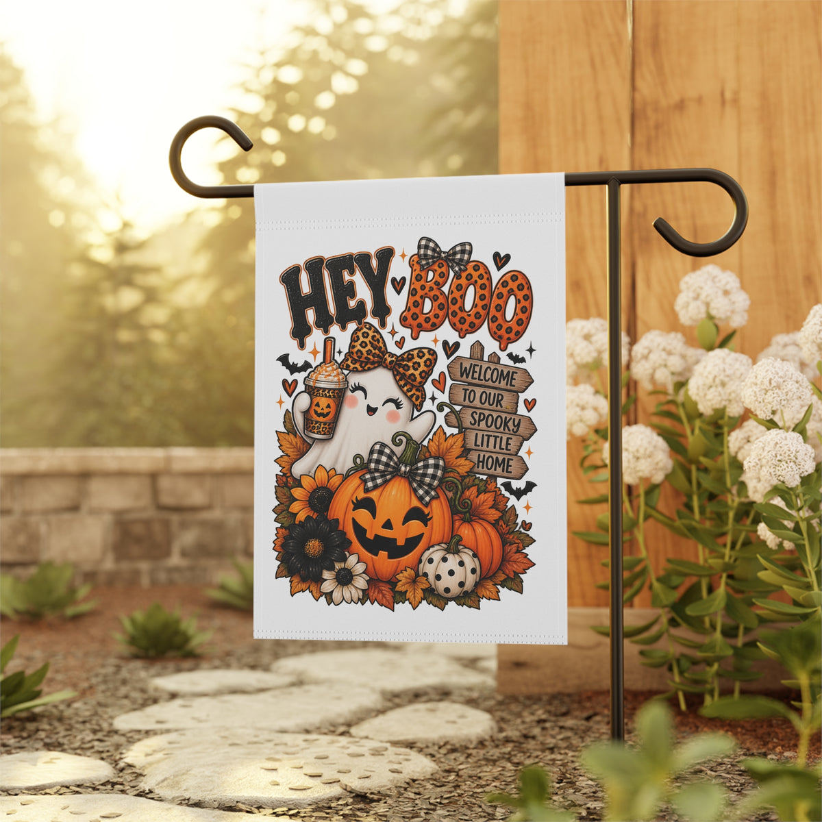 Halloween Garden Flag — “Hey Boo” Pumpkin & Ghost Welcome Banner