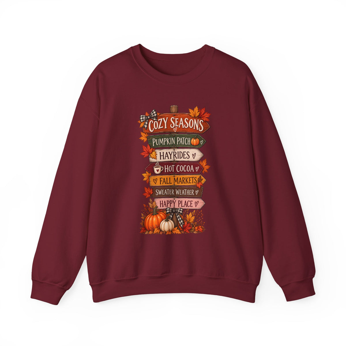 Cozy Seasons Fall Sweatshirt — Pumpkin Patch, Hayrides & Hot Cocoa Crewneck