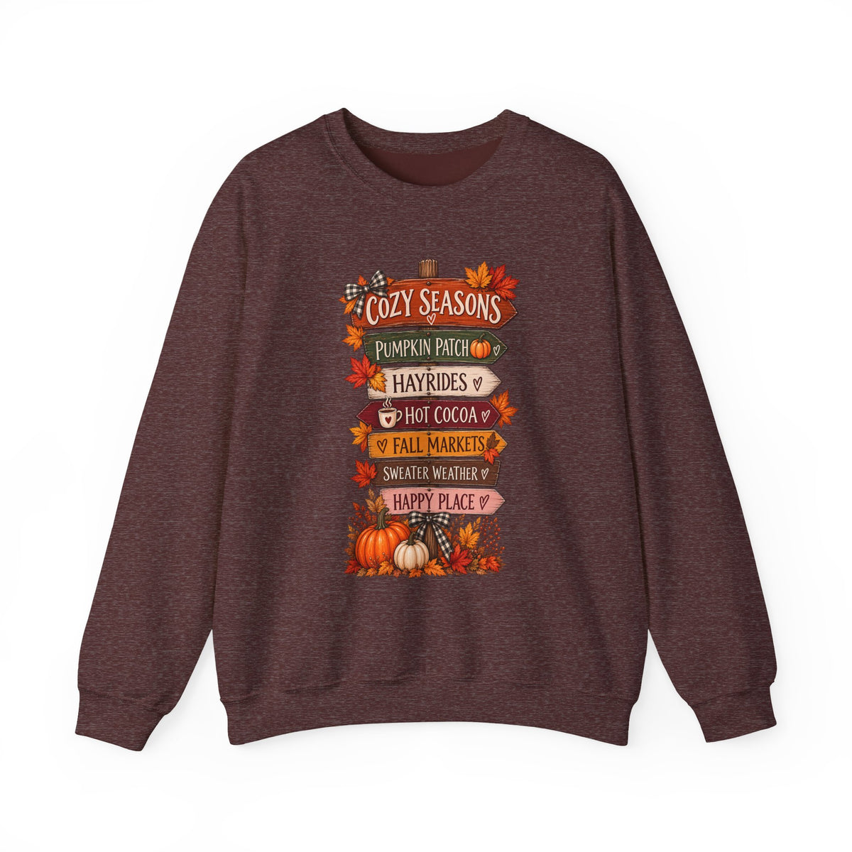 Cozy Seasons Fall Sweatshirt — Pumpkin Patch, Hayrides & Hot Cocoa Crewneck