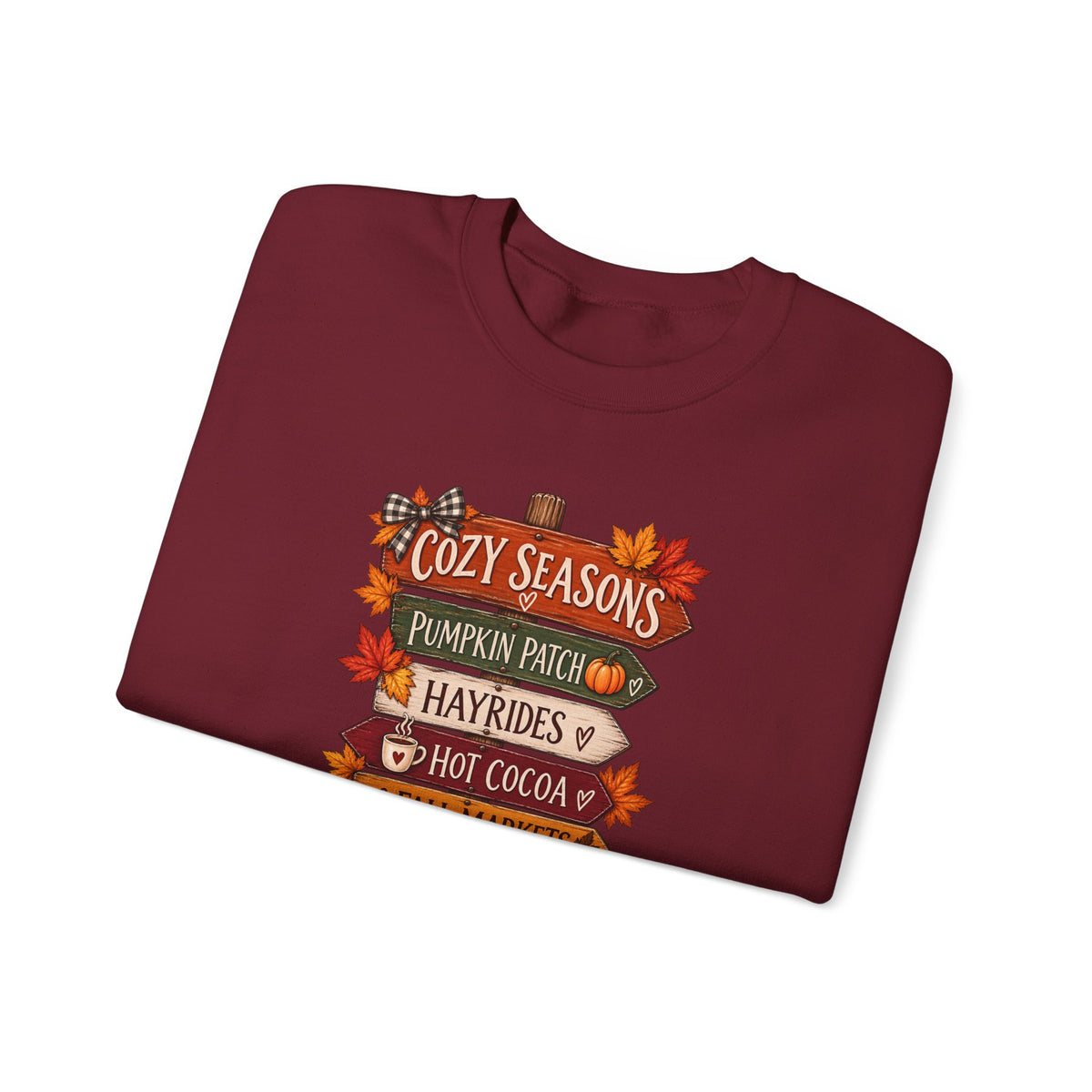 Cozy Seasons Fall Sweatshirt — Pumpkin Patch, Hayrides & Hot Cocoa Crewneck