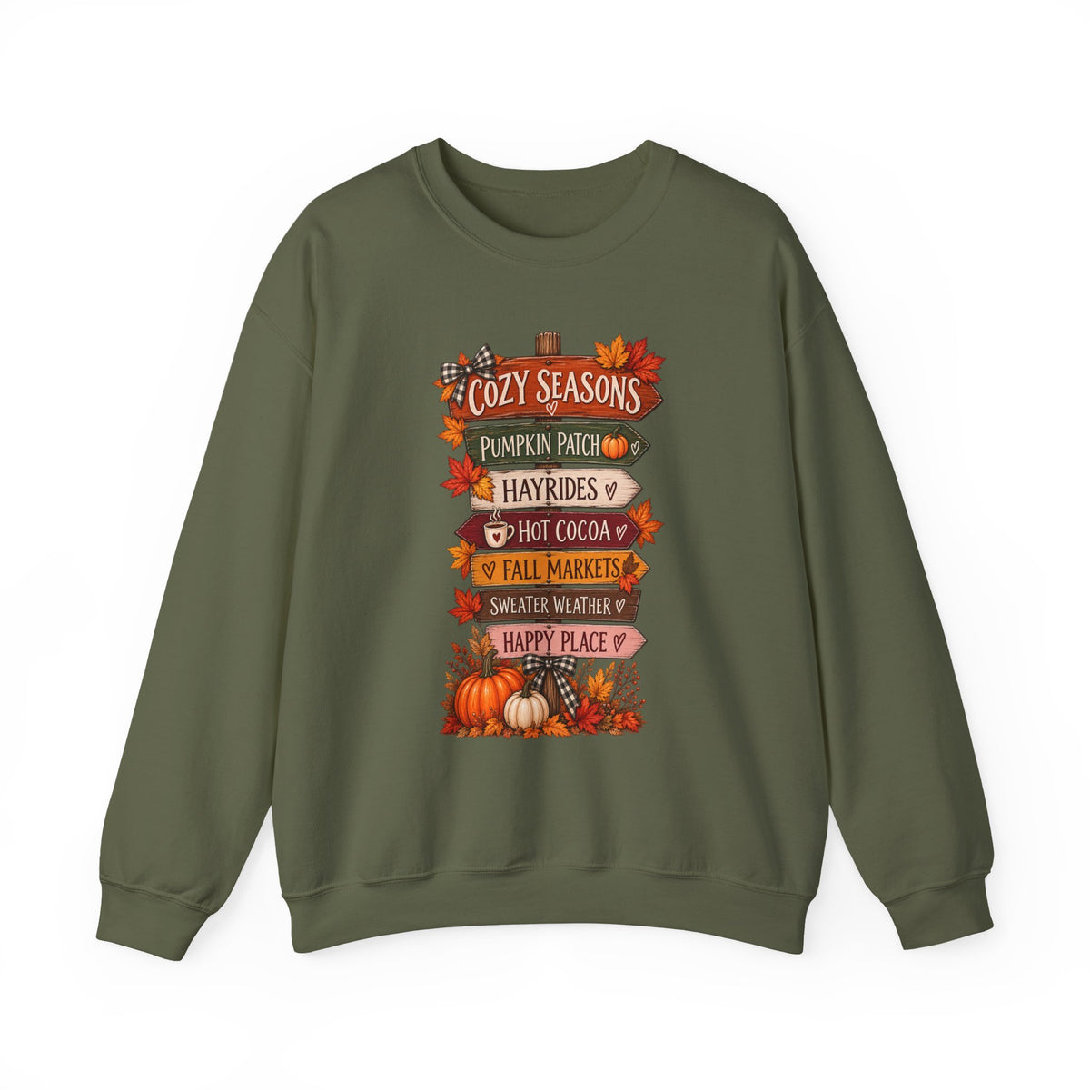 Cozy Seasons Fall Sweatshirt — Pumpkin Patch, Hayrides & Hot Cocoa Crewneck