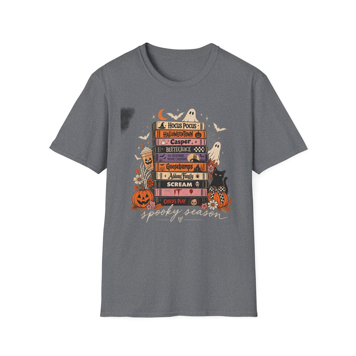 Halloween Spooky Movies Stack T-Shirt — Hocus Pocus, Casper, Beetlejuice & More