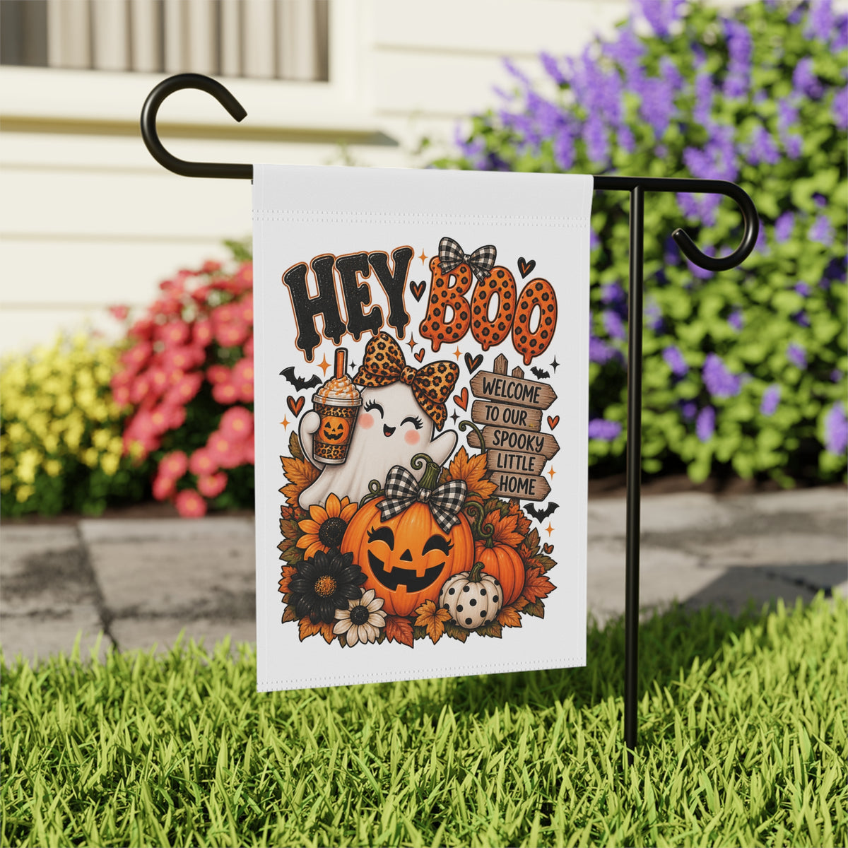 Halloween Garden Flag — “Hey Boo” Pumpkin & Ghost Welcome Banner