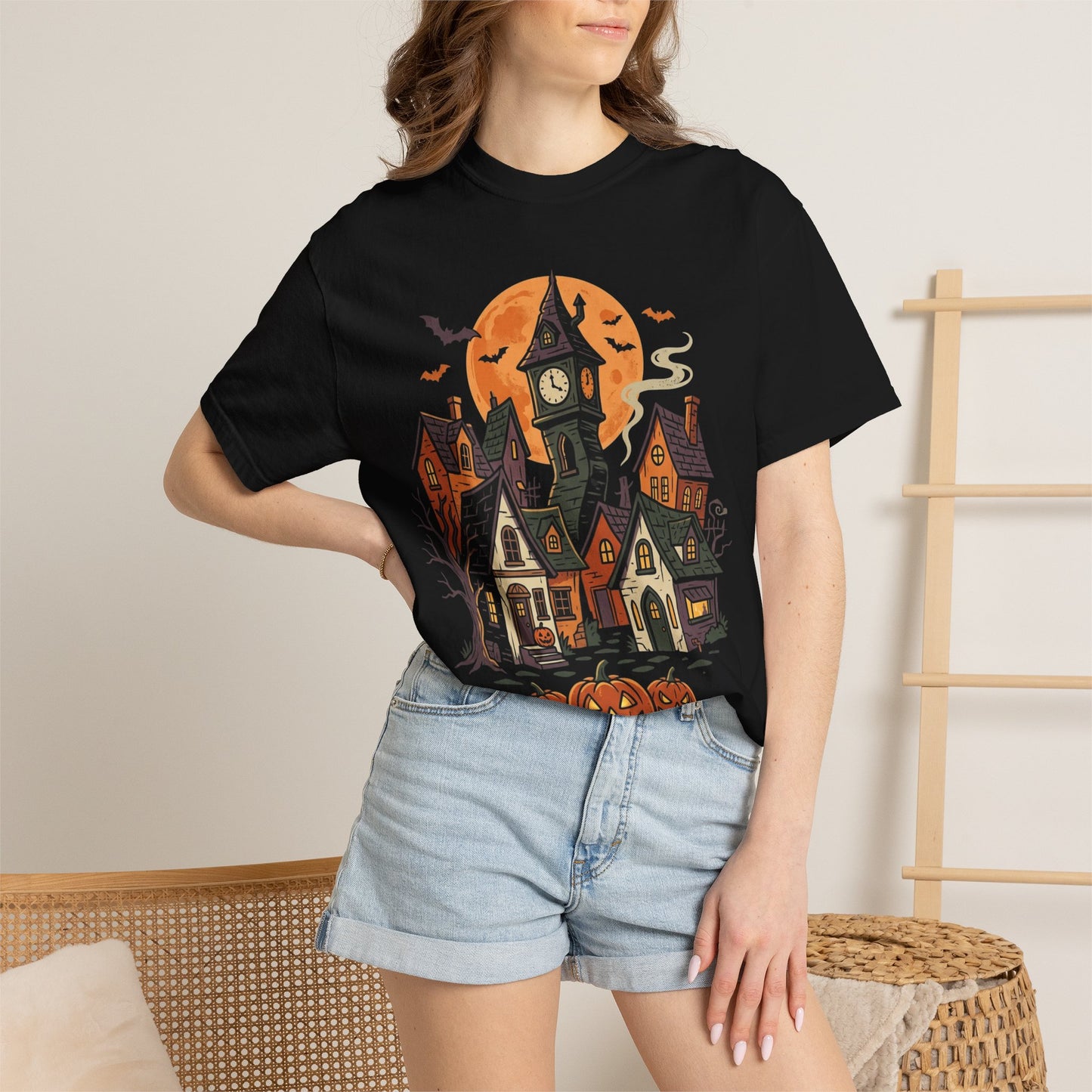 Spooky Halloween Village T-Shirt — Haunted Houses, Pumpkins & Moon Graphic