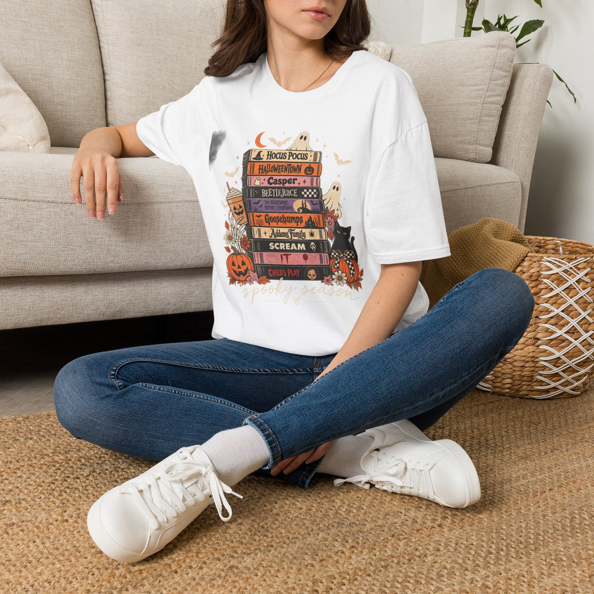 Halloween Spooky Movies Stack T-Shirt — Hocus Pocus, Casper, Beetlejuice & More