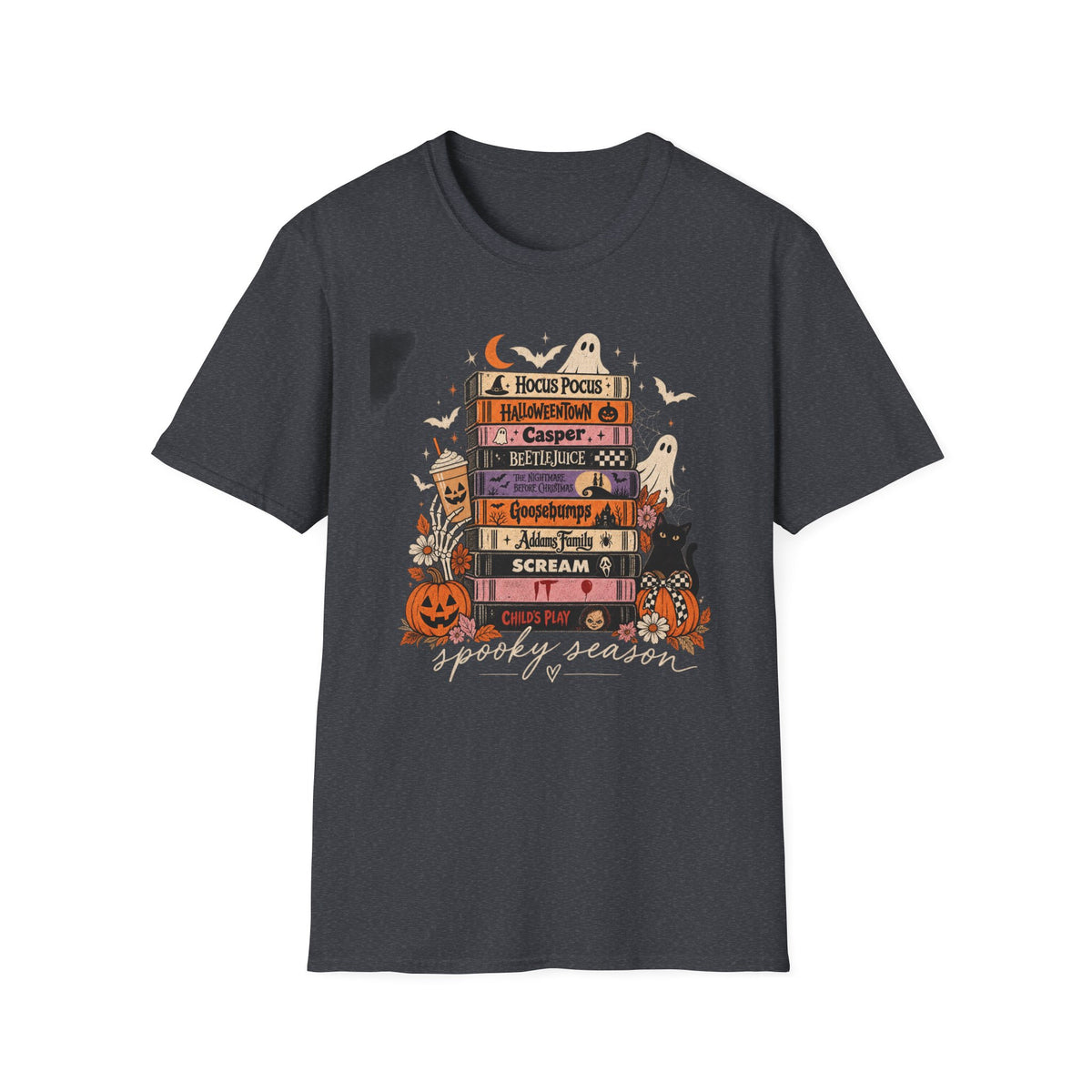 Halloween Spooky Movies Stack T-Shirt — Hocus Pocus, Casper, Beetlejuice & More