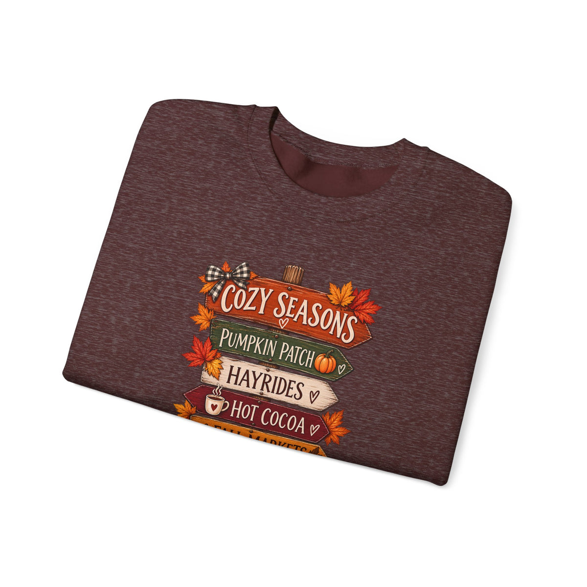 Cozy Seasons Fall Sweatshirt — Pumpkin Patch, Hayrides & Hot Cocoa Crewneck