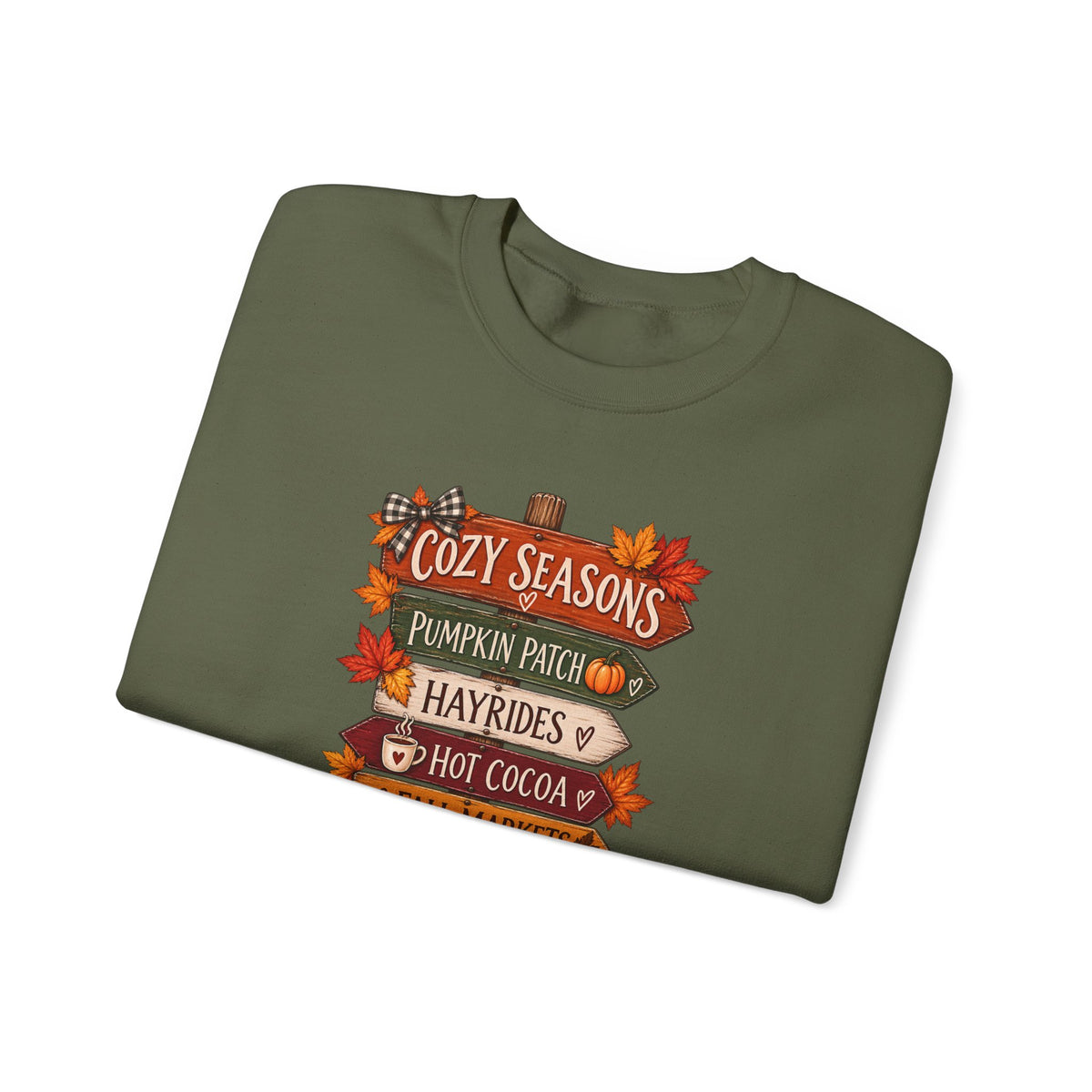Cozy Seasons Fall Sweatshirt — Pumpkin Patch, Hayrides & Hot Cocoa Crewneck