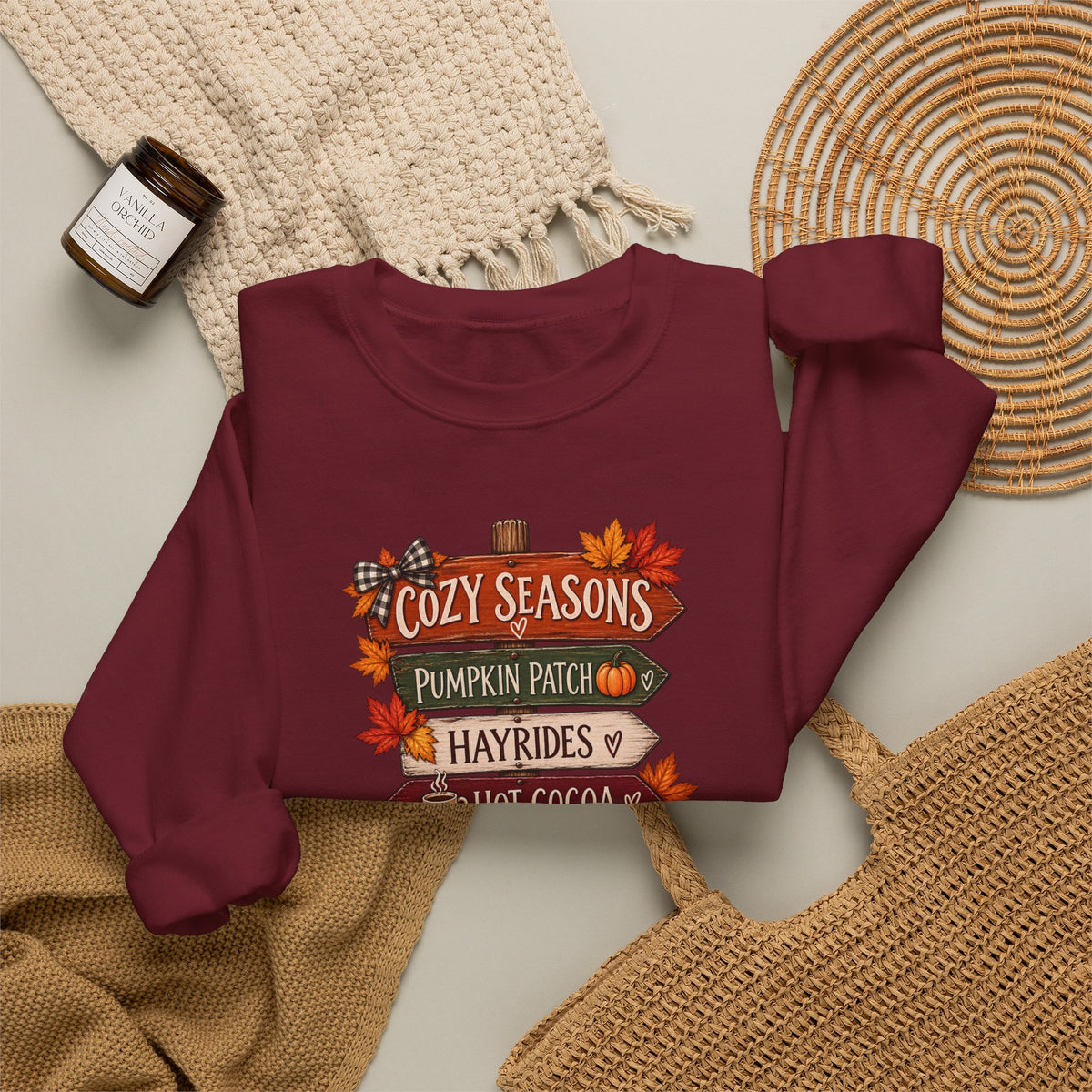 Cozy Seasons Fall Sweatshirt — Pumpkin Patch, Hayrides & Hot Cocoa Crewneck