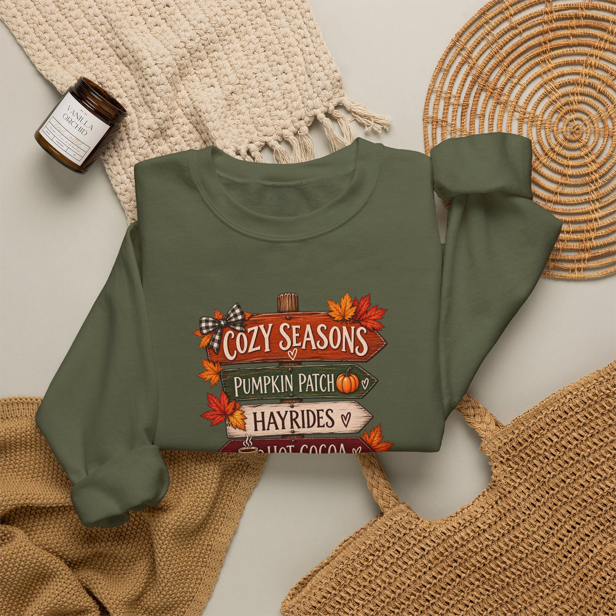 Cozy Seasons Fall Sweatshirt — Pumpkin Patch, Hayrides & Hot Cocoa Crewneck