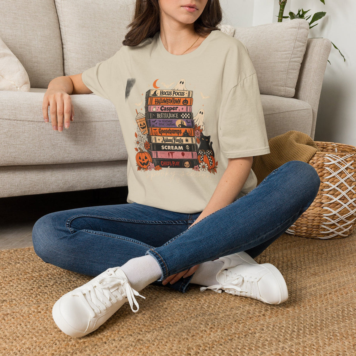 Halloween Spooky Movies Stack T-Shirt — Hocus Pocus, Casper, Beetlejuice & More