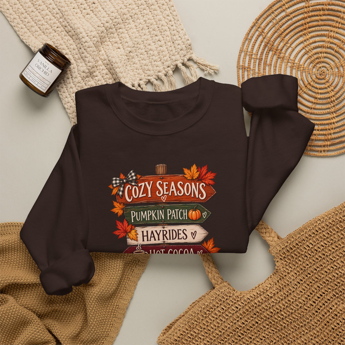 Cozy Seasons Fall Sweatshirt — Pumpkin Patch, Hayrides & Hot Cocoa Crewneck