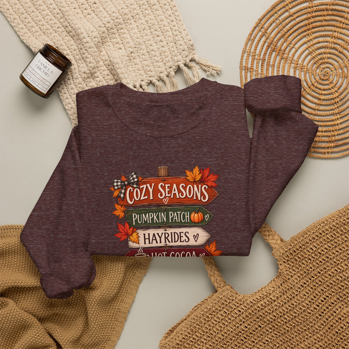 Cozy Seasons Fall Sweatshirt — Pumpkin Patch, Hayrides & Hot Cocoa Crewneck