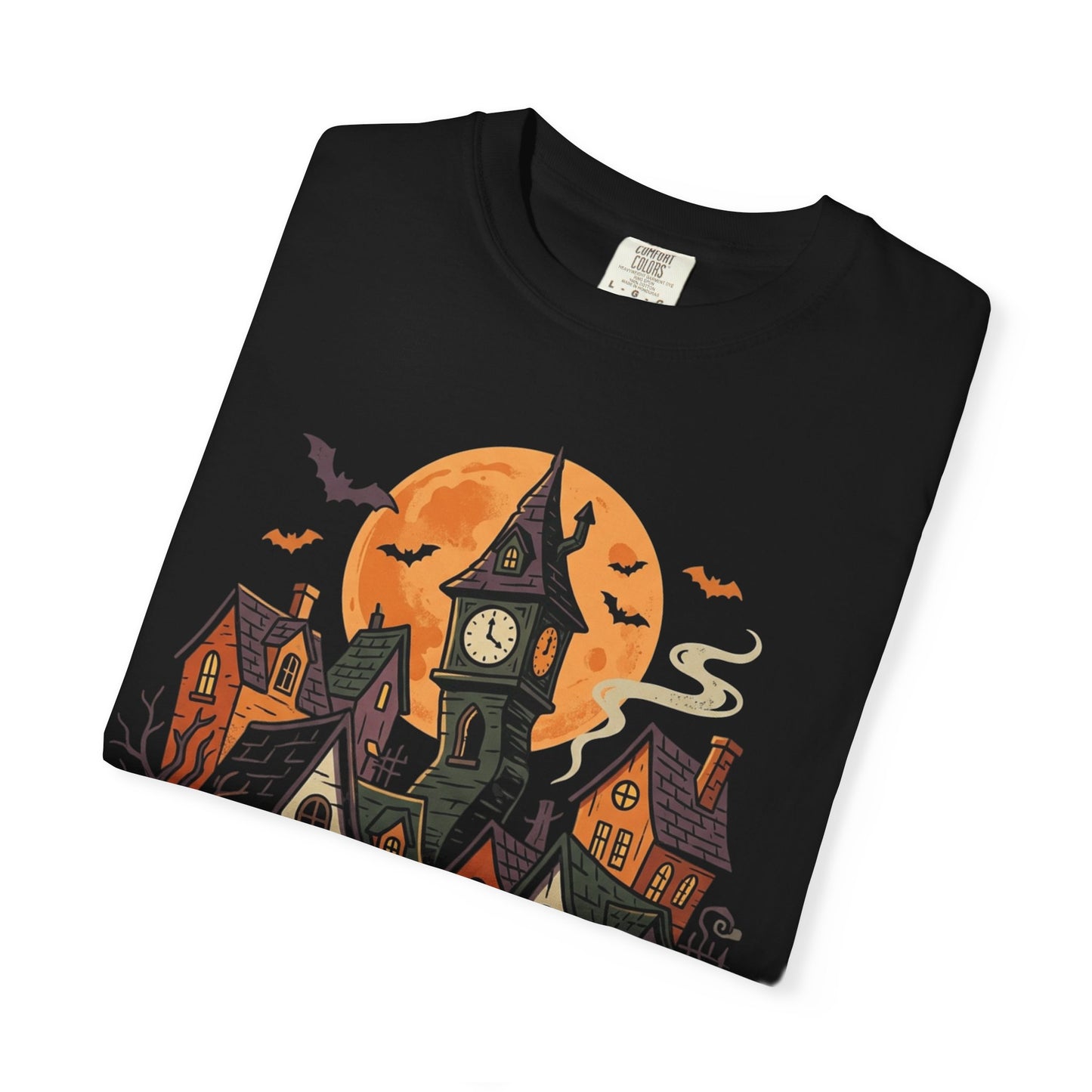 Spooky Halloween Village T-Shirt — Haunted Houses, Pumpkins & Moon Graphic