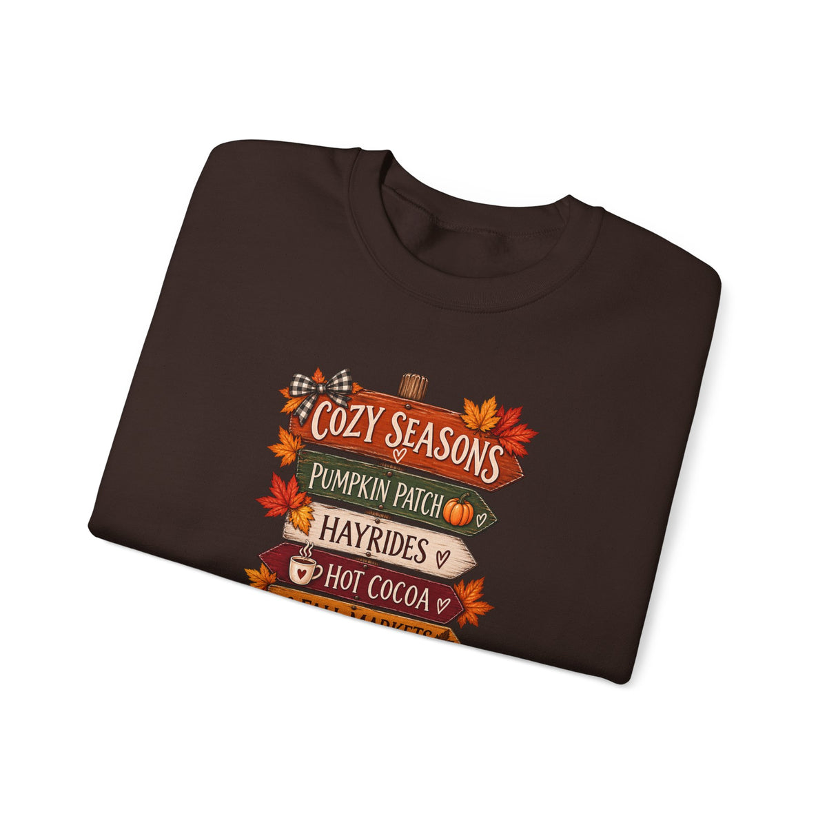 Cozy Seasons Fall Sweatshirt — Pumpkin Patch, Hayrides & Hot Cocoa Crewneck