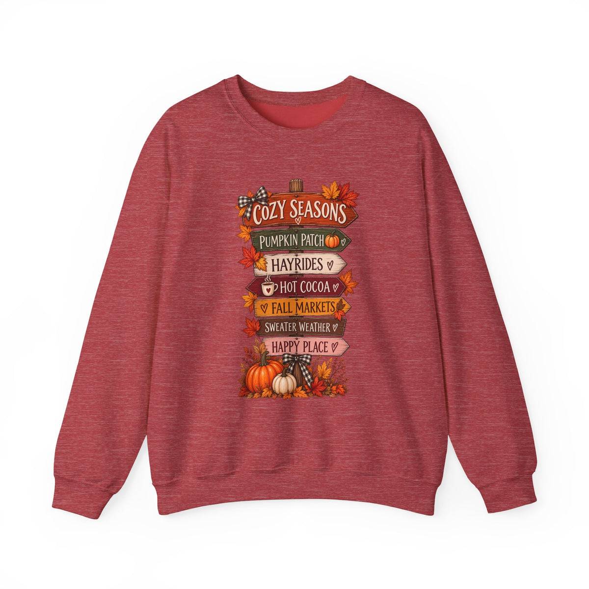 Cozy Seasons Fall Sweatshirt — Pumpkin Patch, Hayrides & Hot Cocoa Crewneck