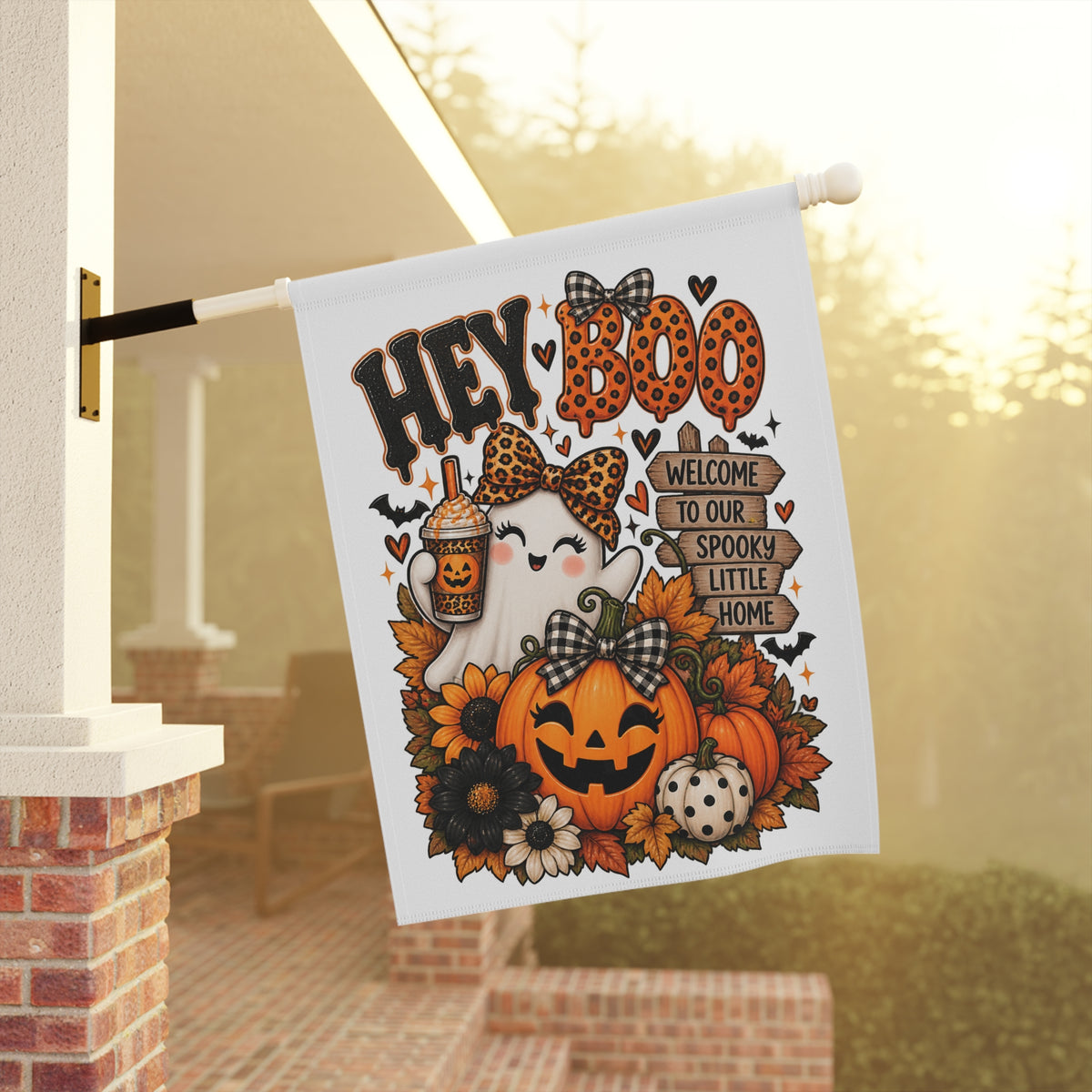 Halloween Garden Flag — “Hey Boo” Pumpkin & Ghost Welcome Banner