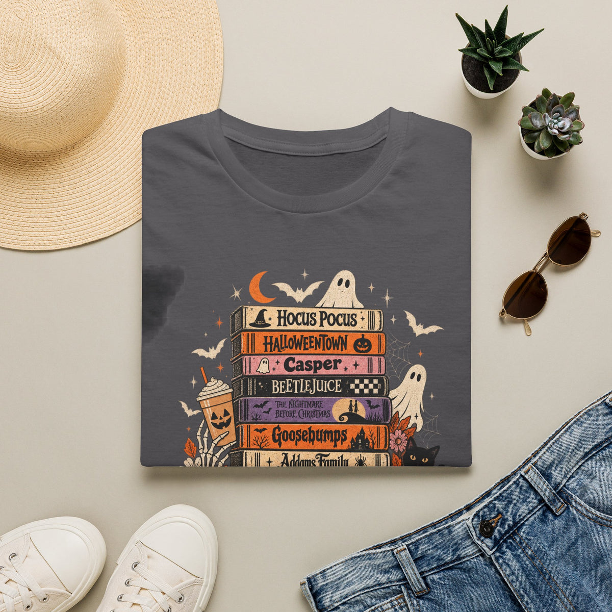 Halloween Spooky Movies Stack T-Shirt — Hocus Pocus, Casper, Beetlejuice & More