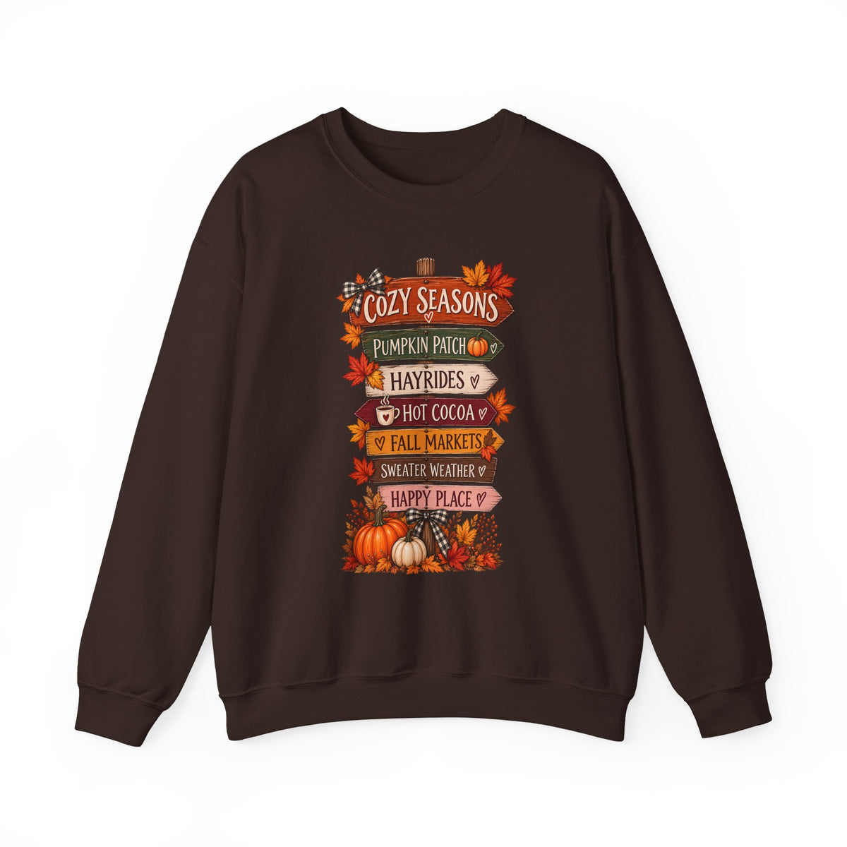 Cozy Seasons Fall Sweatshirt — Pumpkin Patch, Hayrides & Hot Cocoa Crewneck